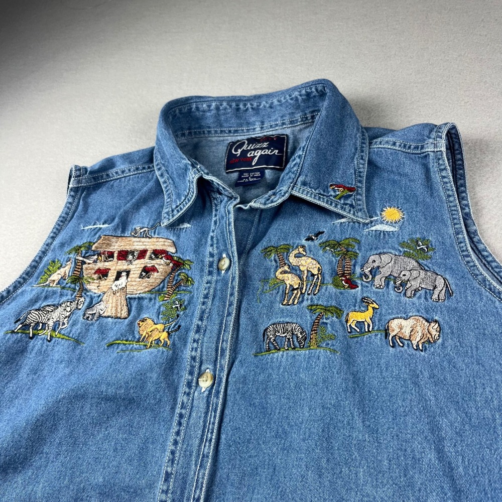 Quizz Again Vintage Noahs Ark Embroidered Denim Sleeveless Shirt Large Cotton